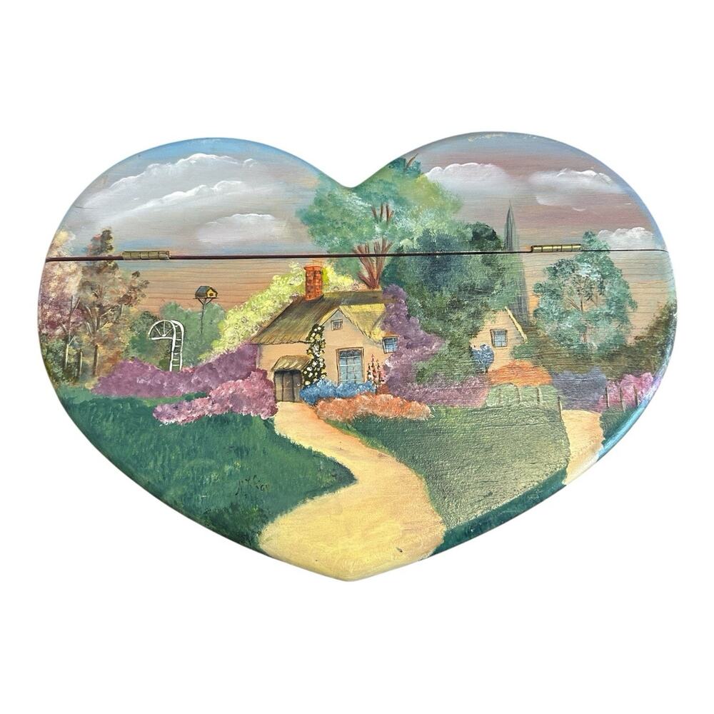 Heart Shaped Hand Painted Handcrafted Keepsake Box 14x10x2.5 in Cottagecore